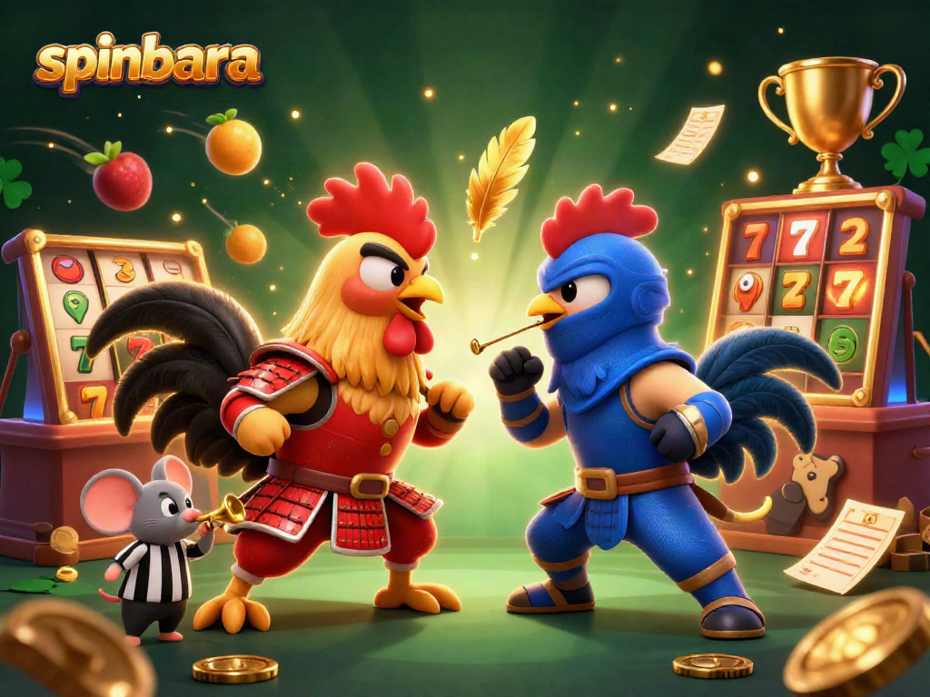 Engage with Spinbara's thrilling casino experience featuring animated roosters and vibrant slots.