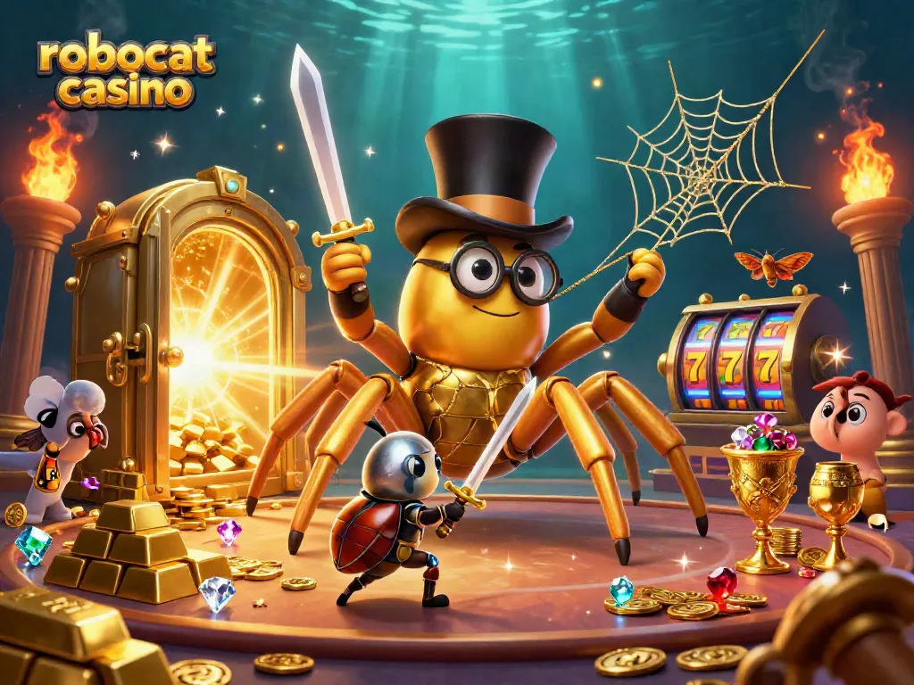 Experience the thrill of robocat casino with a vibrant scene of gold, jewels, and playful characters.