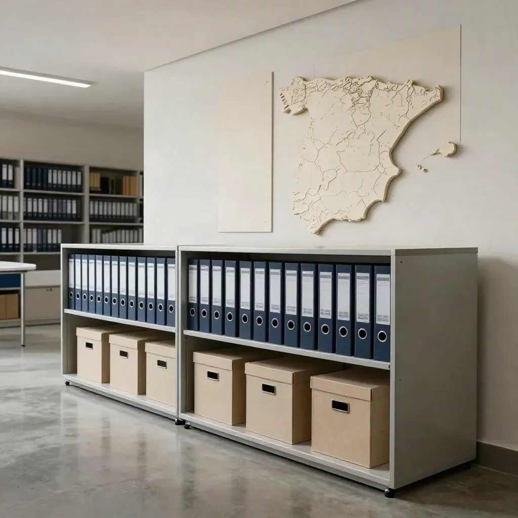 Archivo moderno con cajas, separadores y un mapa abstracto de España en paneles claros.