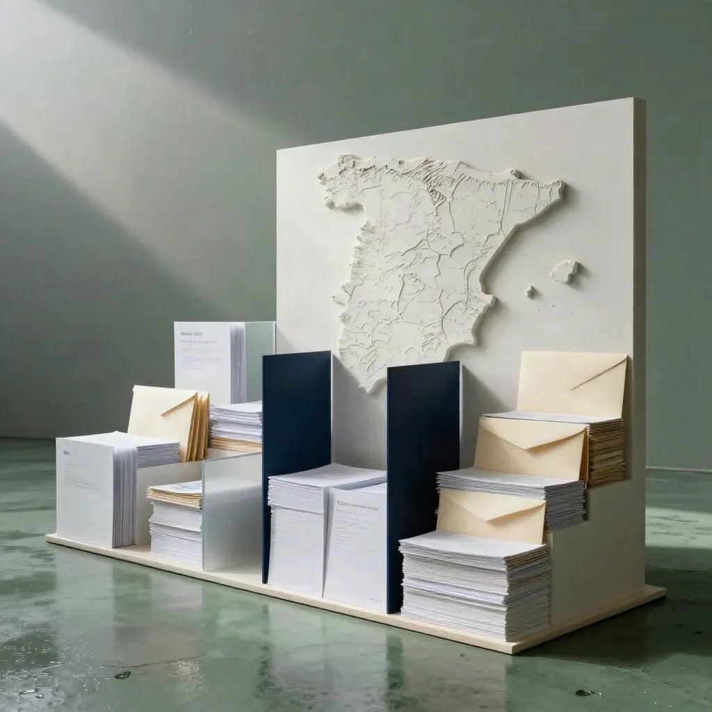 Instalación editorial de empleo español con carpetas blancas y mapa abstracto de España