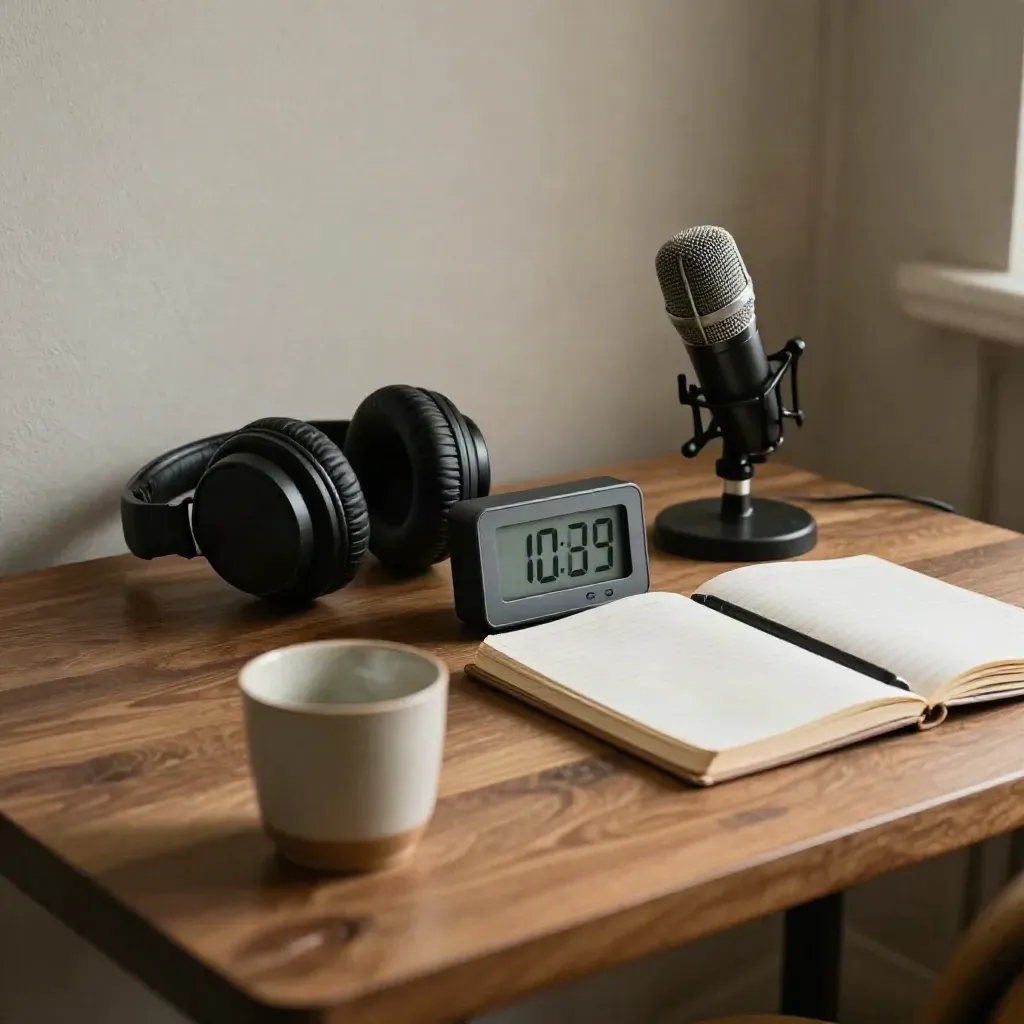 Rincón de práctica de entrevista con temporizador, auriculares, libreta, micrófono y taza.