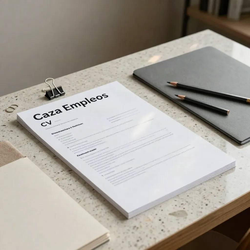 Mesa travertina con tarjetas blancas, carpeta gris y papeles para CV ordenados con luz suave.