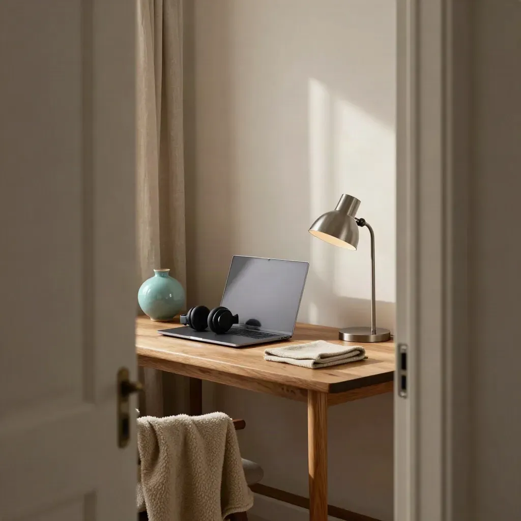 Rincón minimalista de teletrabajo con portátil cerrado, auriculares, lámpara y manta sobre mesa de roble.