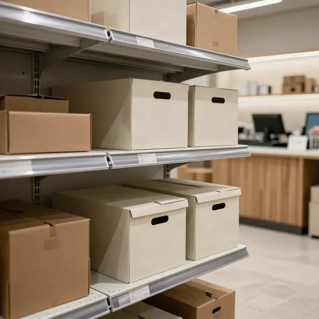 Primer plano de una tienda retail lista para abrir, con estanterías iluminadas y cajas preparadas.