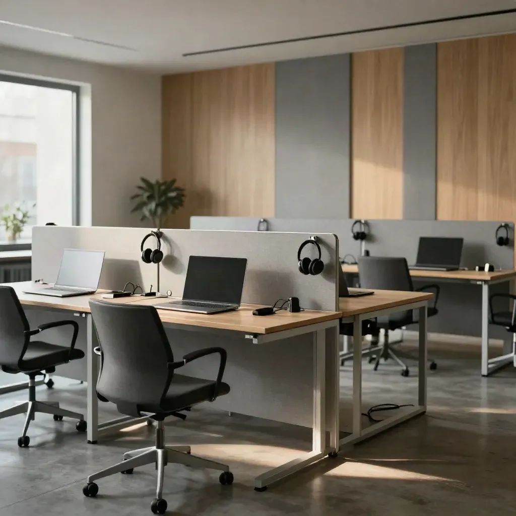 Estudio remoto terminado con seis puestos vacíos, portátiles cerrados y auriculares colgados.