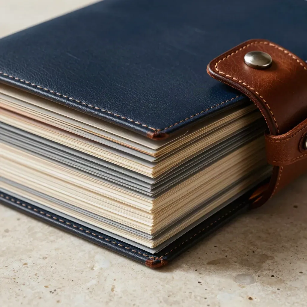 Fichas de ciudades, carpeta azul, clip metálico y agenda de cuero sobre travertino.