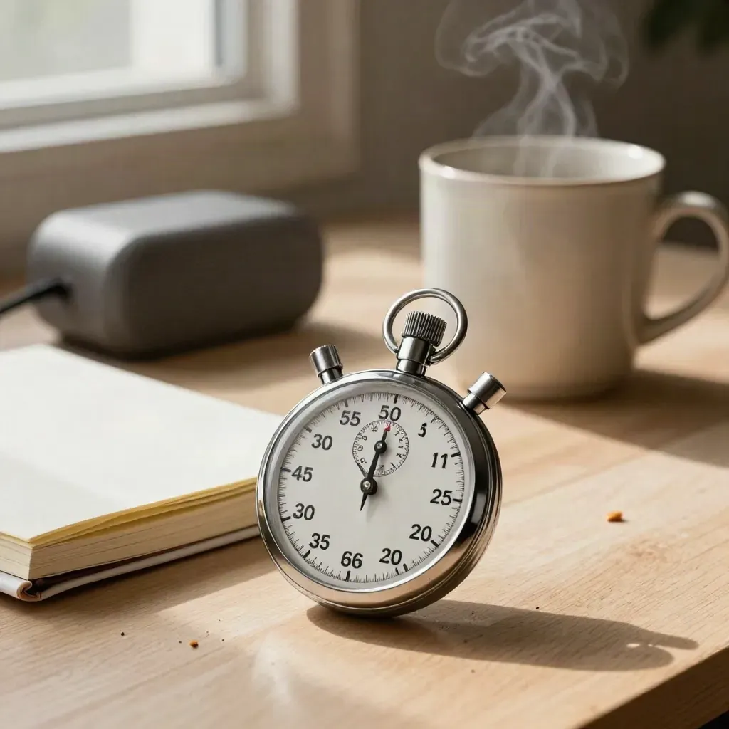 Reloj, libreta cerrada, altavoz y taza sobre madera clara con luz suave.