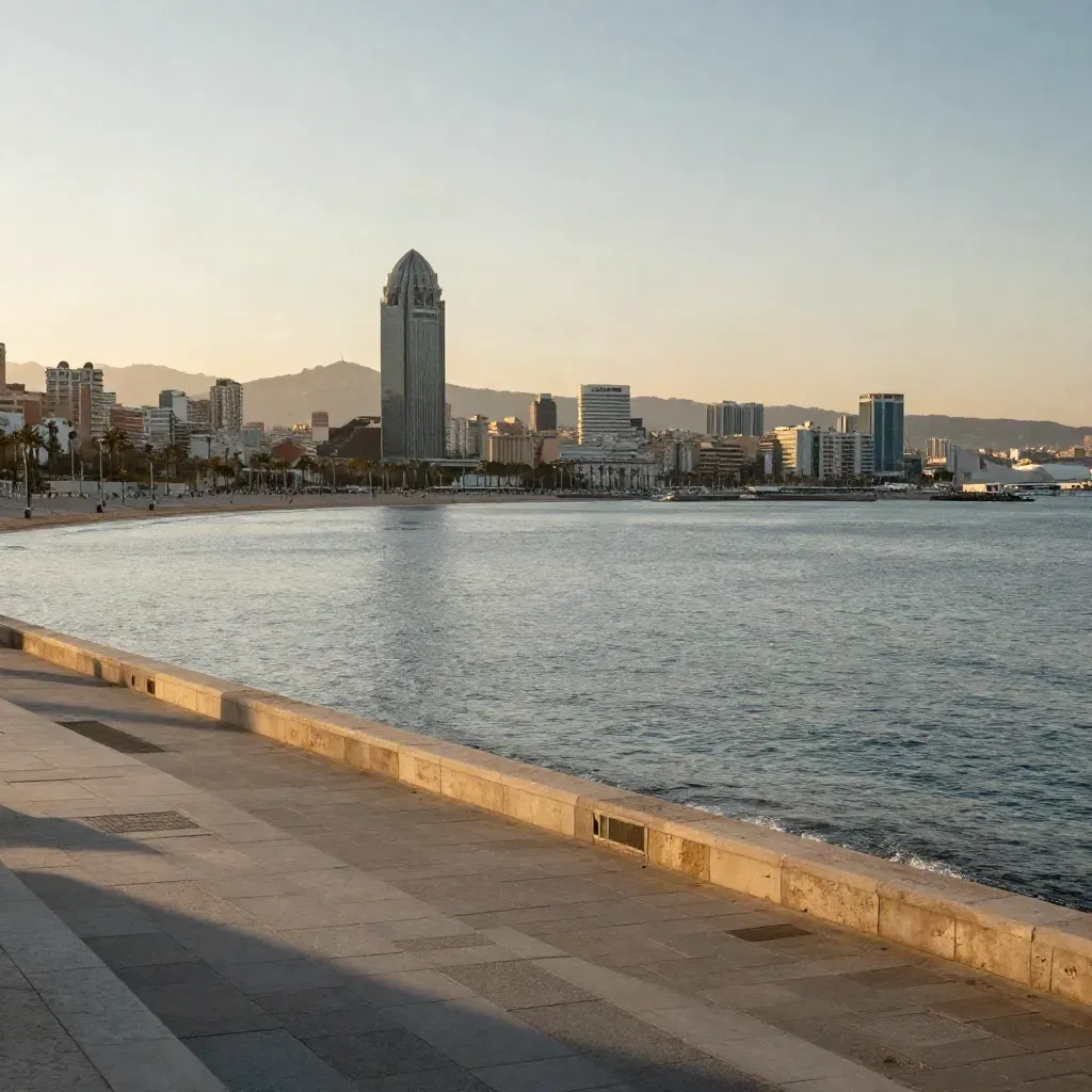 Vista de Barcelona al amanecer con mar tranquilo y un hito arquitectónico sobre piedra clara.