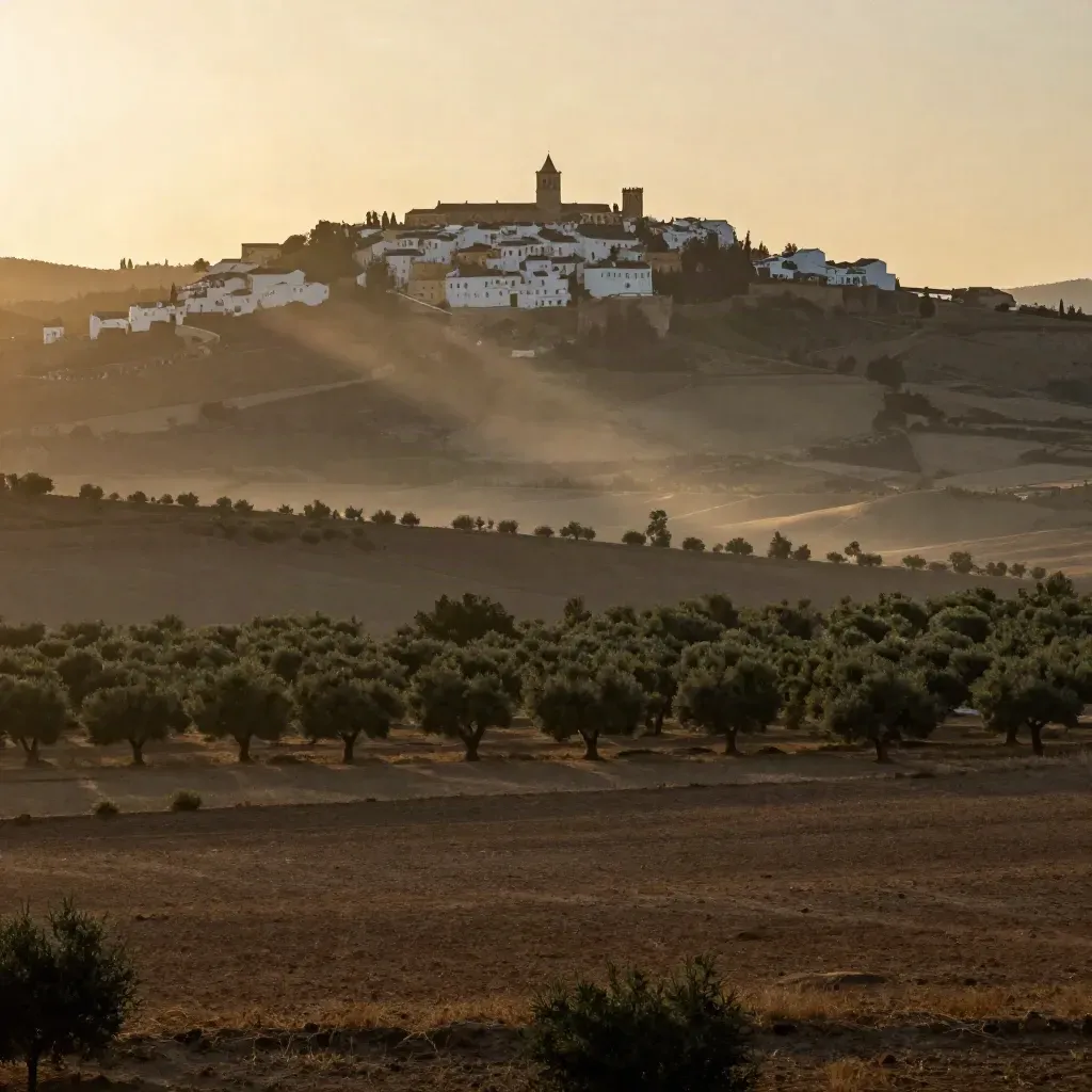 Paisaje andaluz con ciudad histórica en alto y olivar suave bajo la calima.