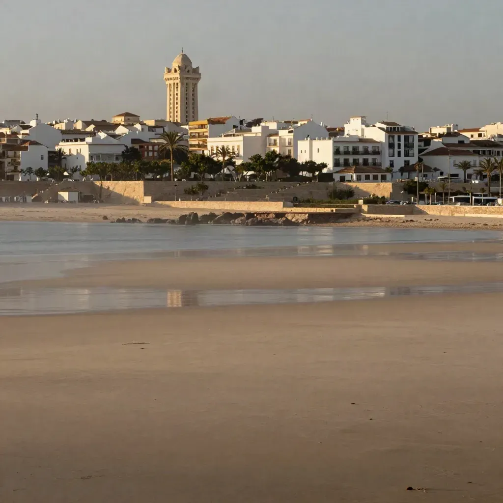 Costa valenciana con arquitectura litoral alta y fondo claro de piedra, mar y cítricos.